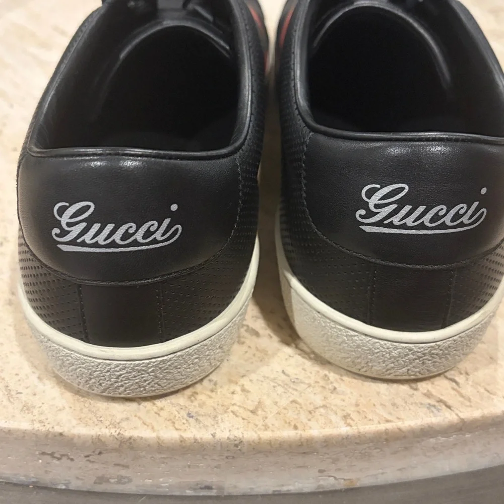 Gucci Black Leather Sneakers with Green and Red Web Stripe